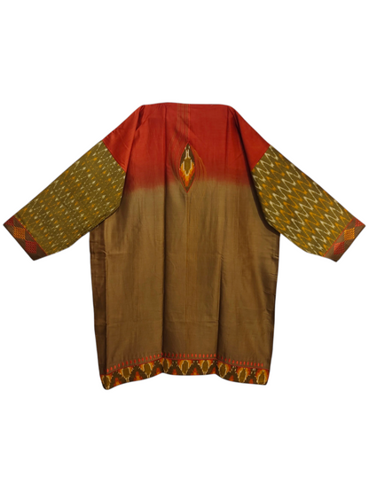 Traditional garment with red and brown kurta and patterned sleeves on a white background