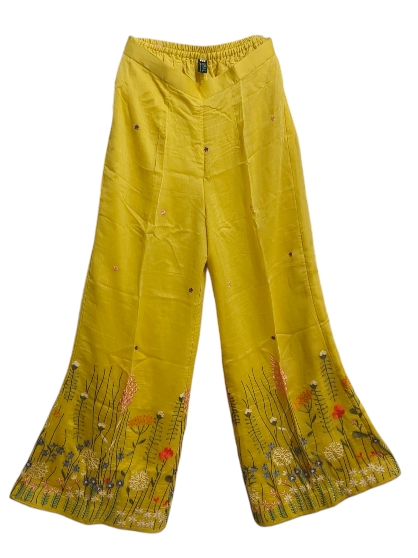 Yellow plazzo with floral embroidery on a white background