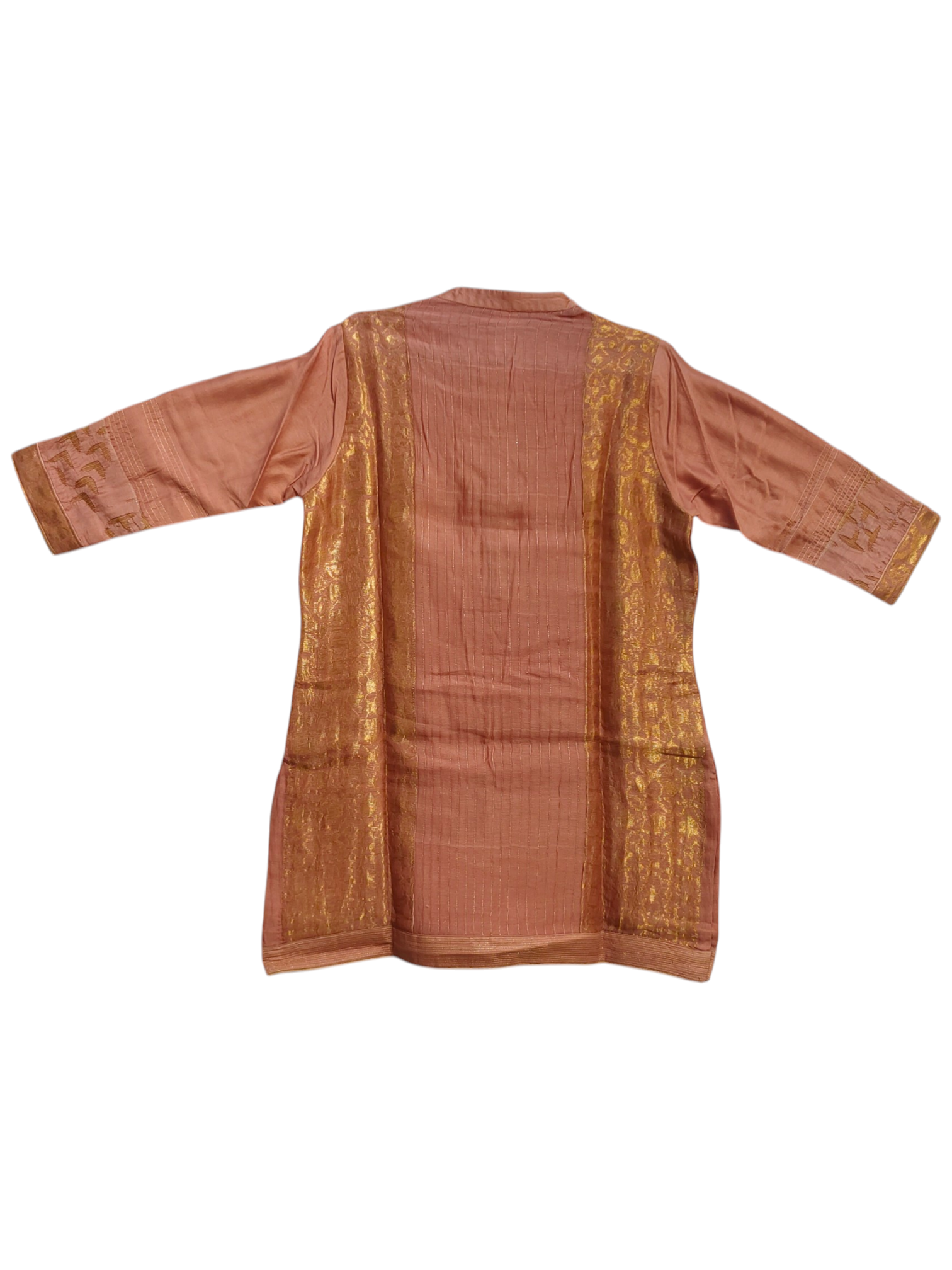 Brown traditional garment with gold accents on a white background
