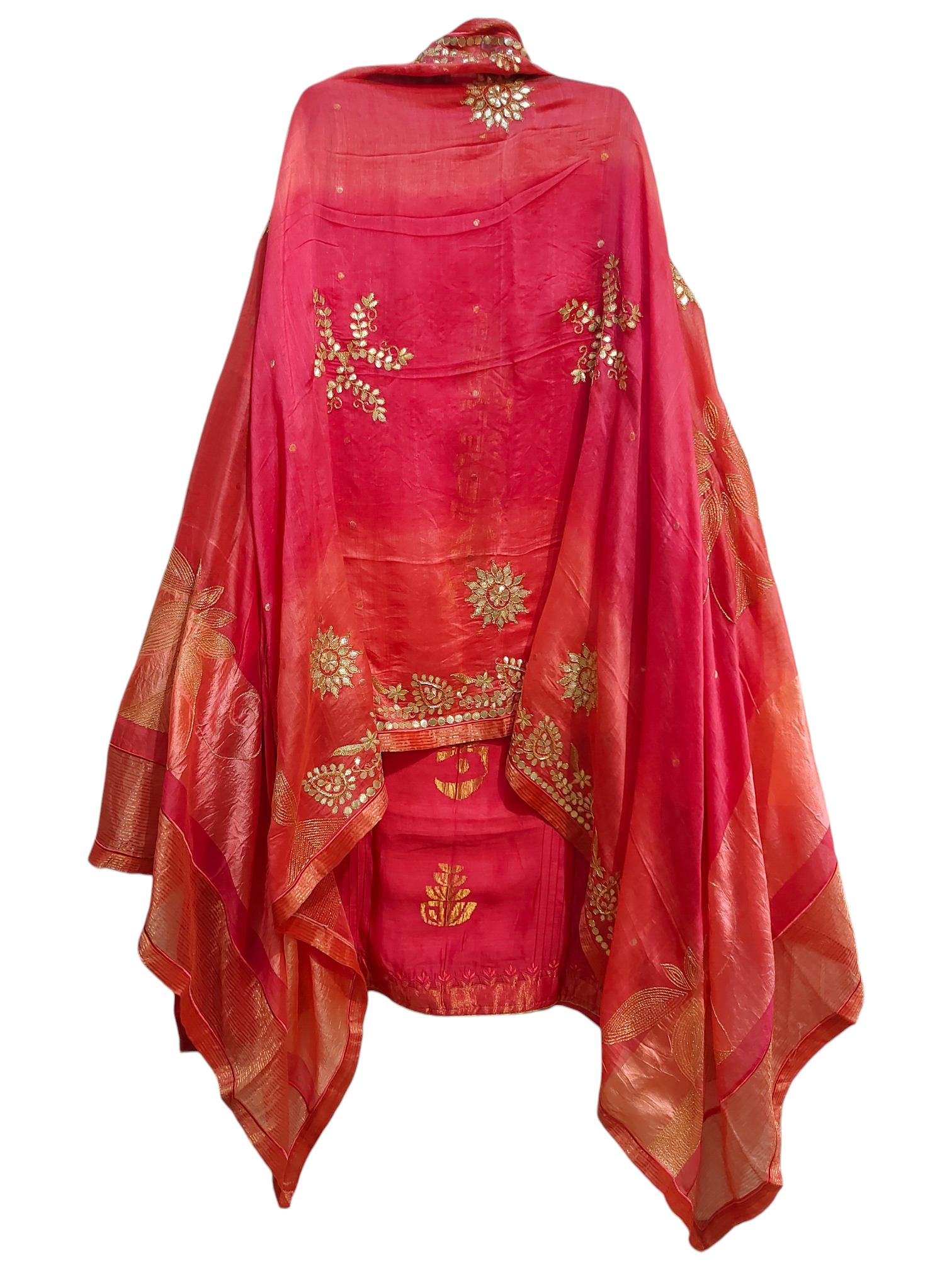 Red traditional suit with gold embroidery on a white background