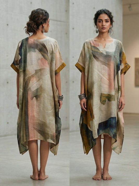 Stitched pure linen Printed Kaftan ready size 42-44