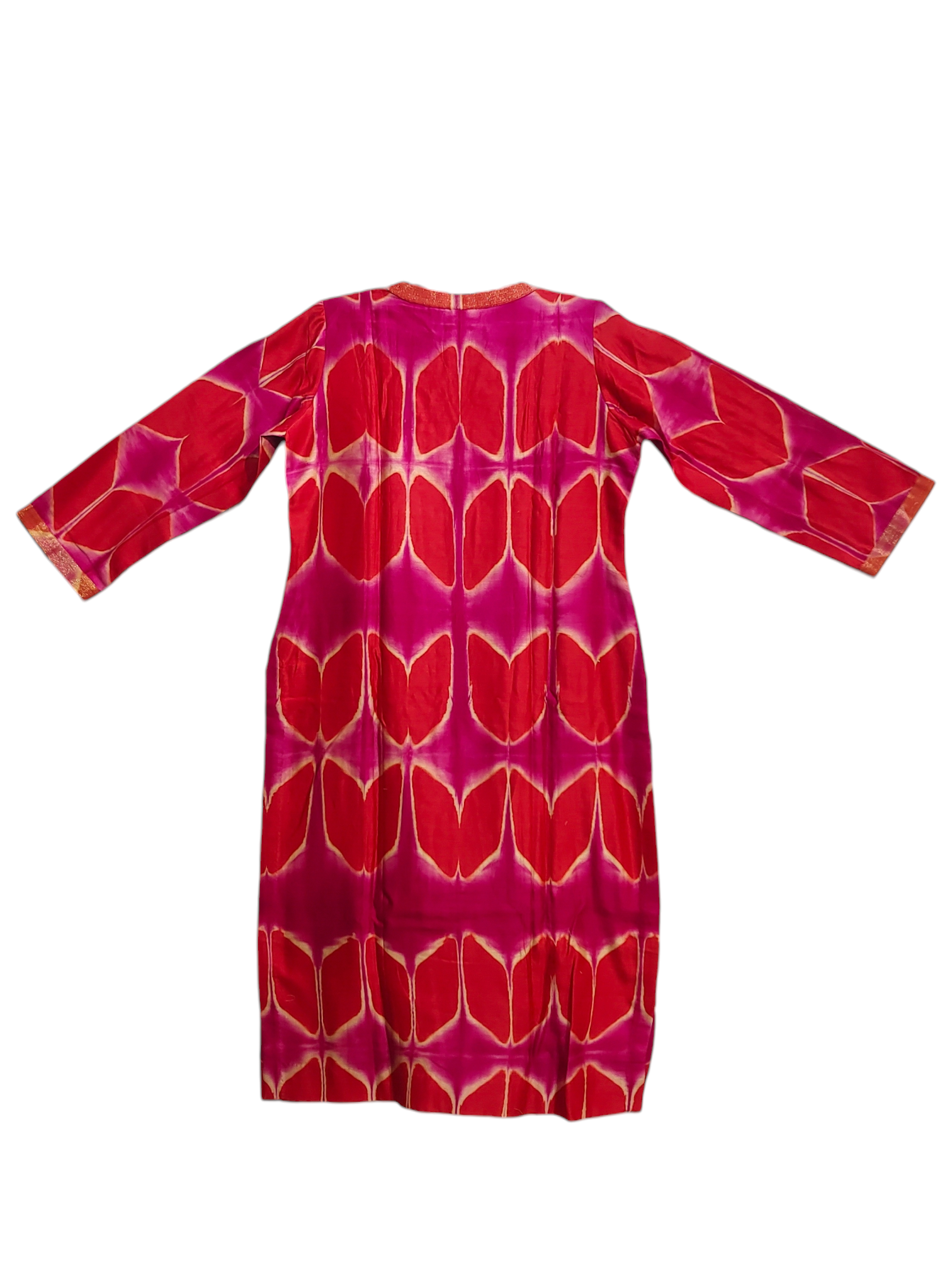 Red and pink patterned kurta on a white background