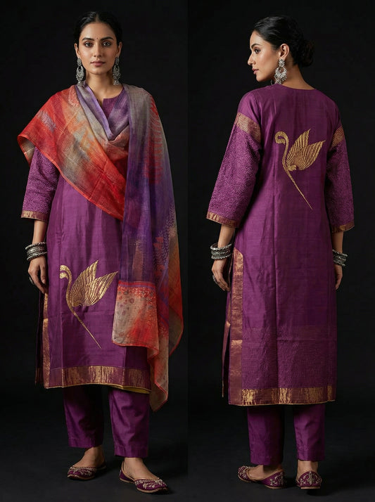 Semi Stitched Casual Chanderi Suitset