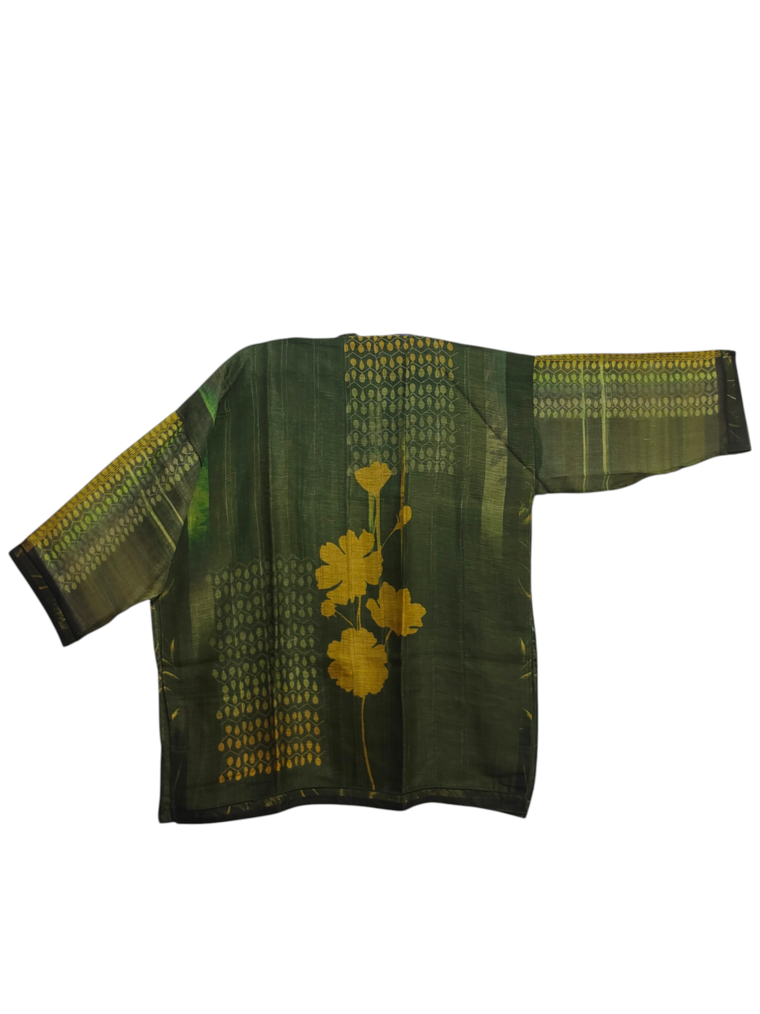 Green and yellow traditional tunic with floral design on a white background