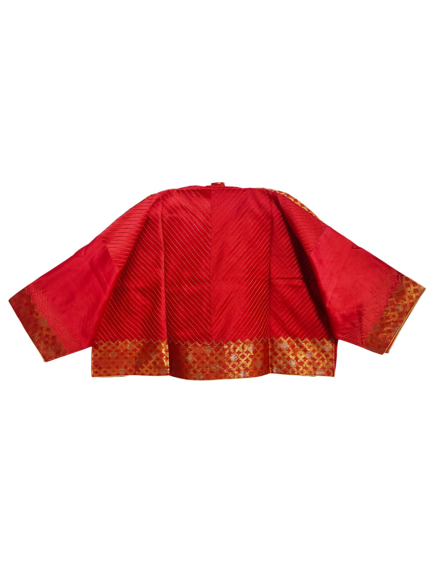 Red blouse with gold border on a white background