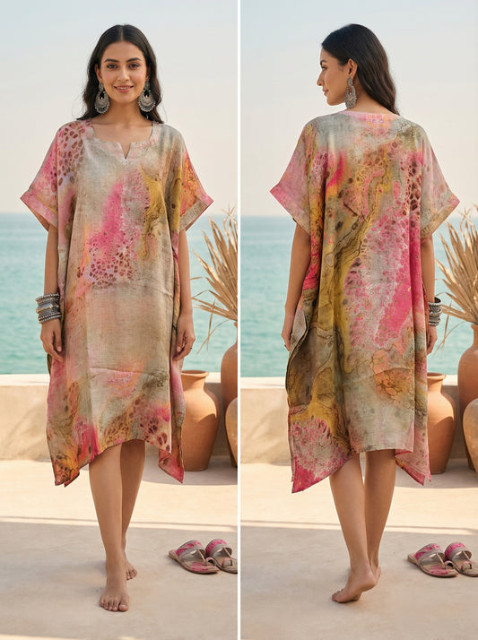 Stitched pure linen Printed Kaftan ready size 42-44