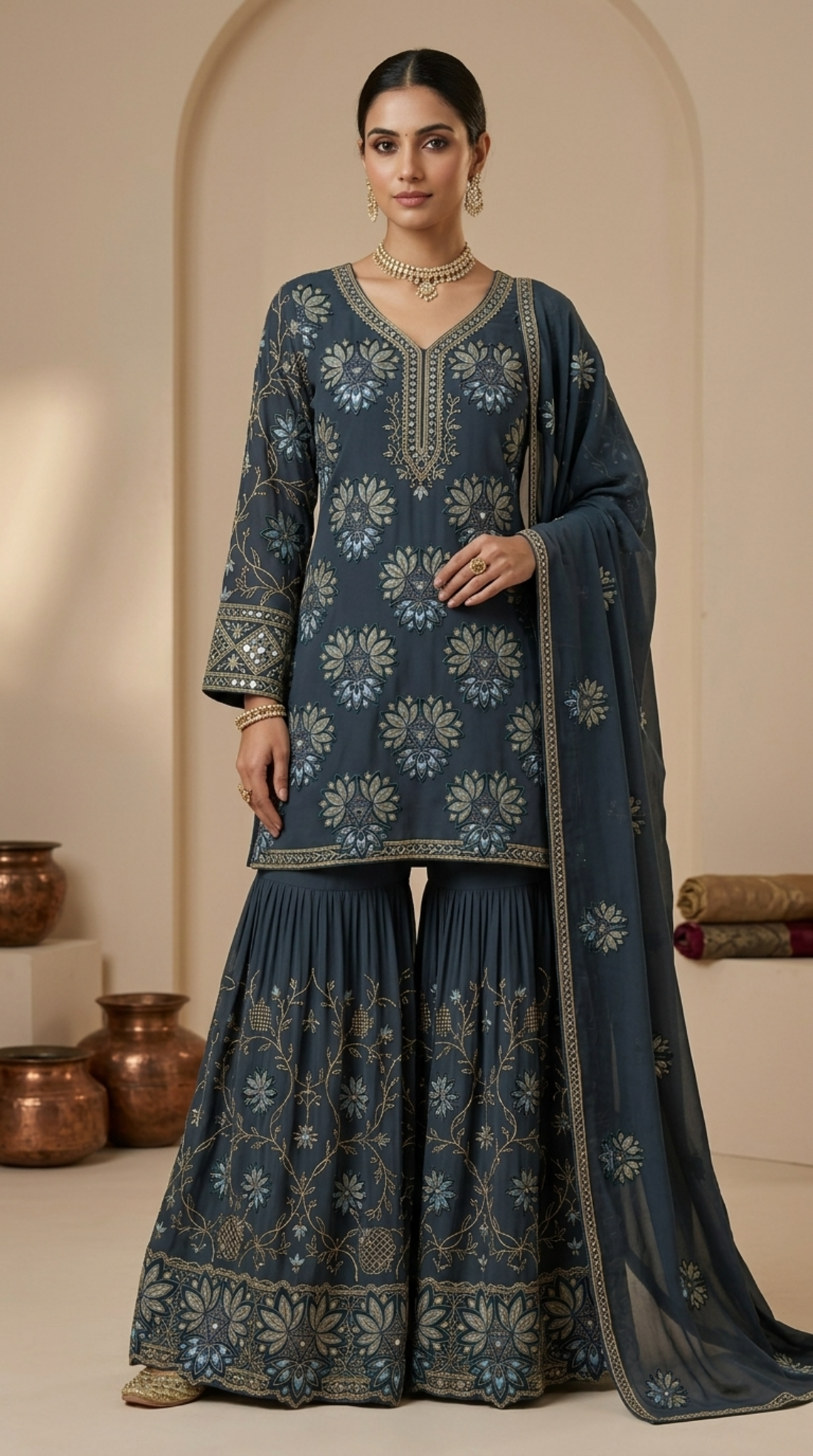 Midnight Blue Embroidered Georgette | Couture Sharara Set