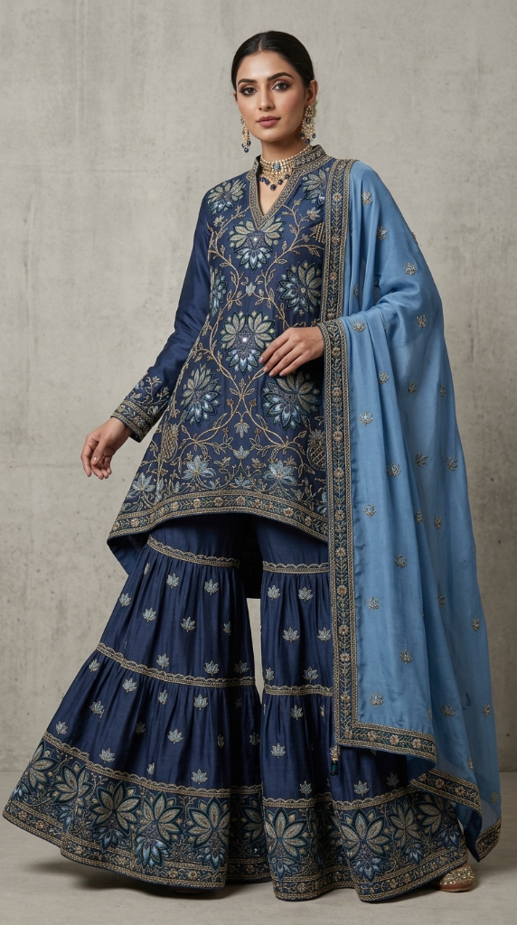 Midnight Blue Embroidered Georgette | Couture Sharara Set