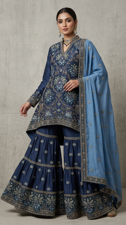 Midnight Blue Embroidered Georgette | Couture Sharara Set