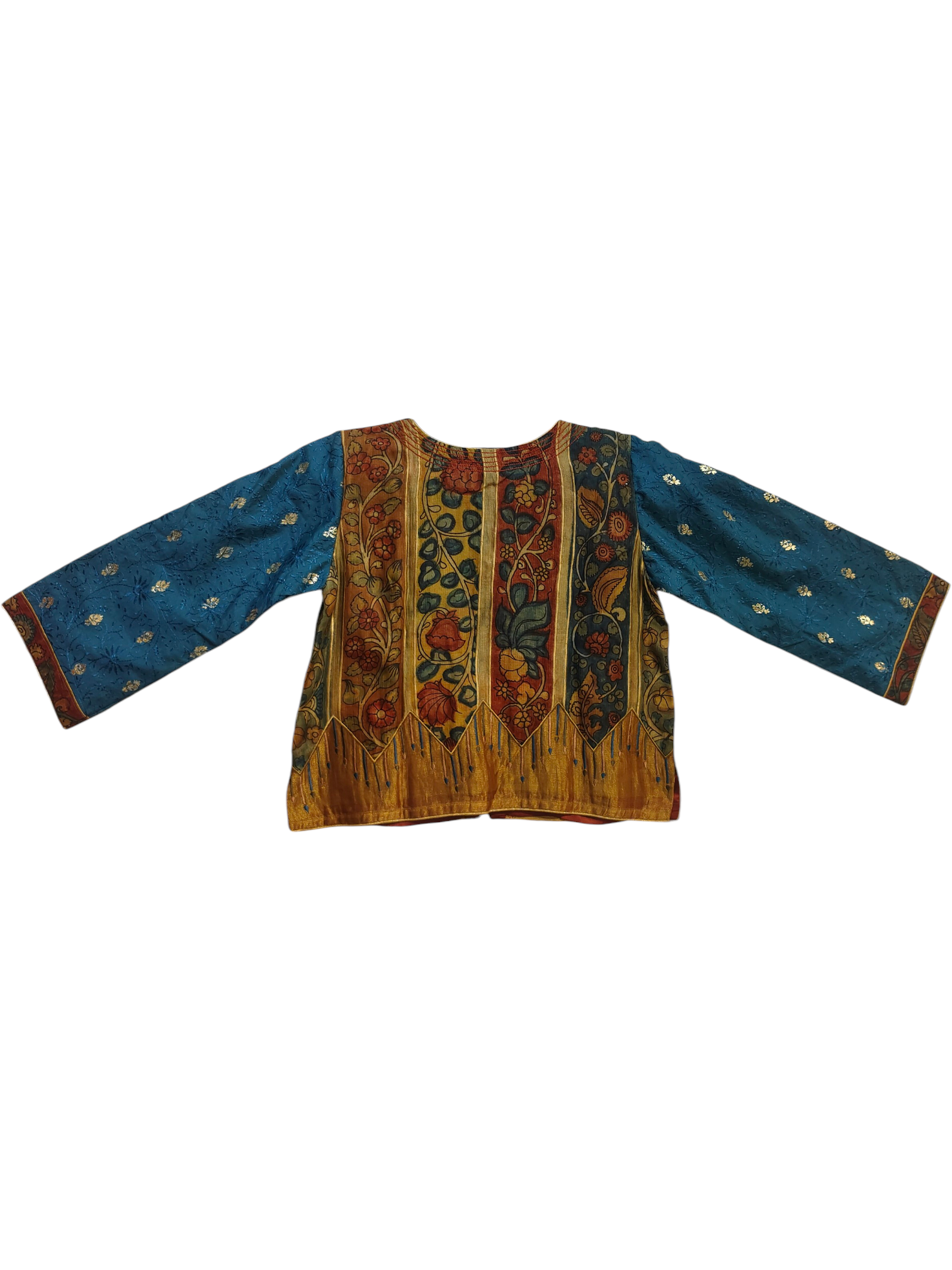 Traditional embroidered top with blue sleeves on a white background