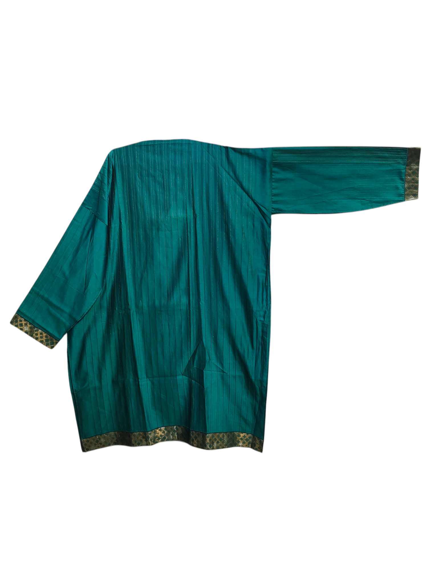 Teal kurta with gold trim on a white background