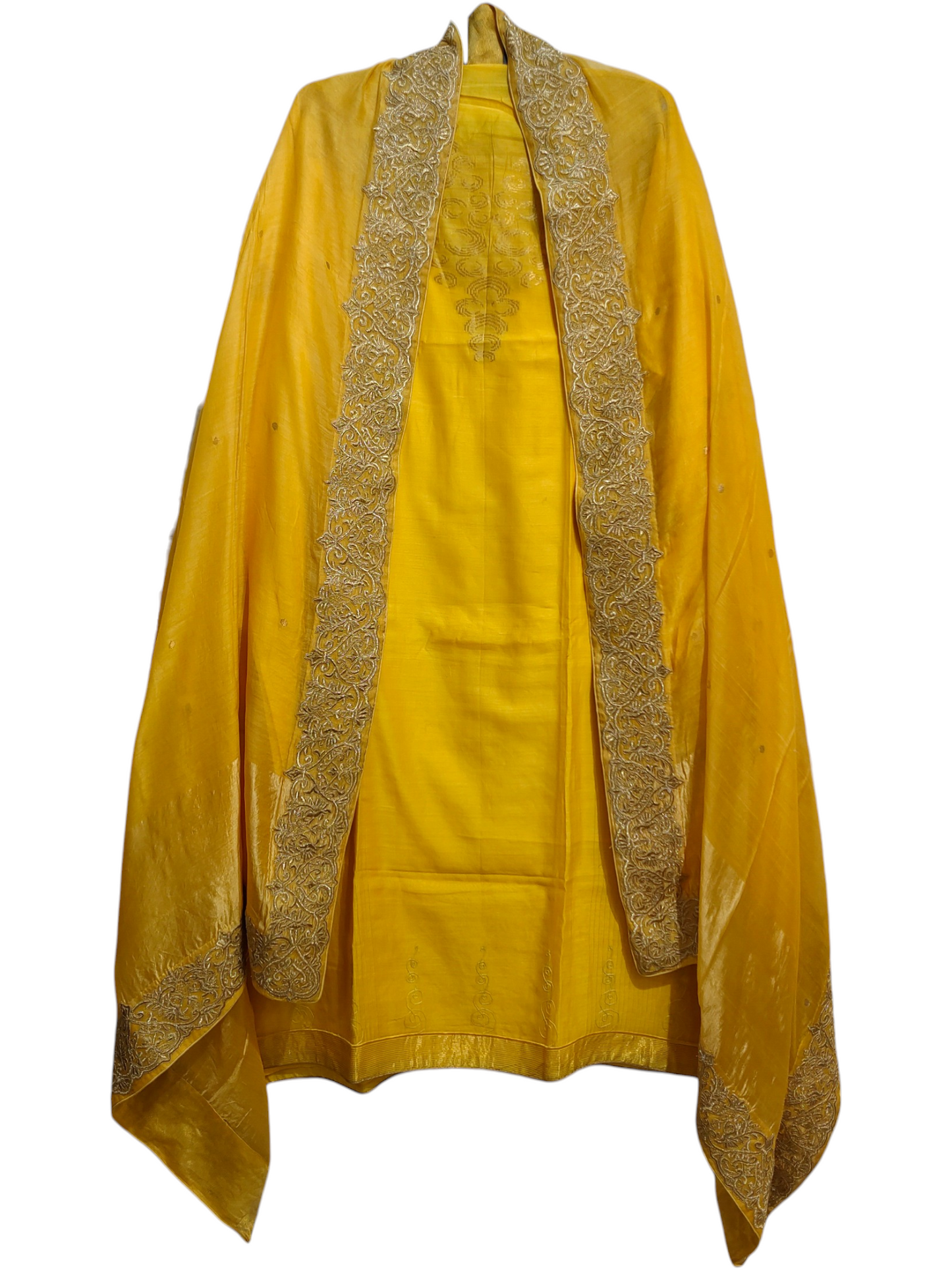 Yellow suit with gold embroidery on a white background