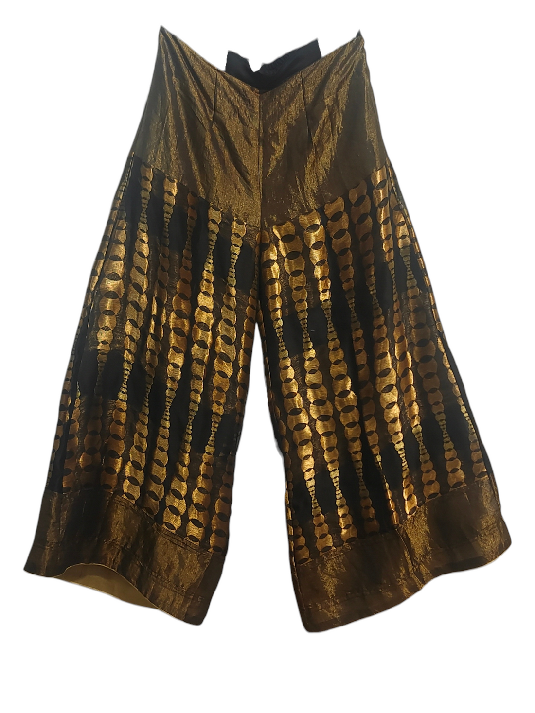 Black and gold patterned plazzo on a white background