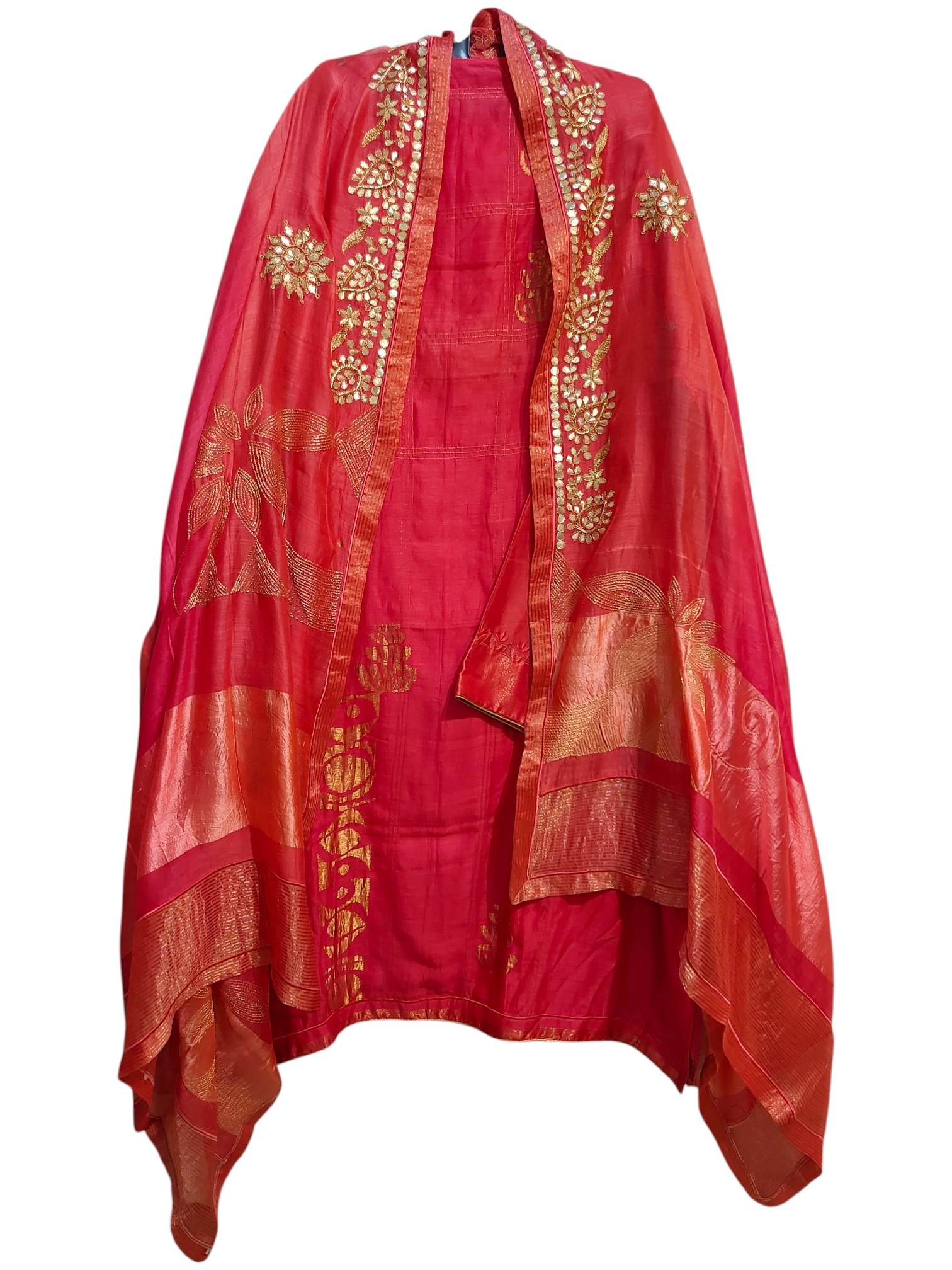 Pink suit gold embroidered on a white background