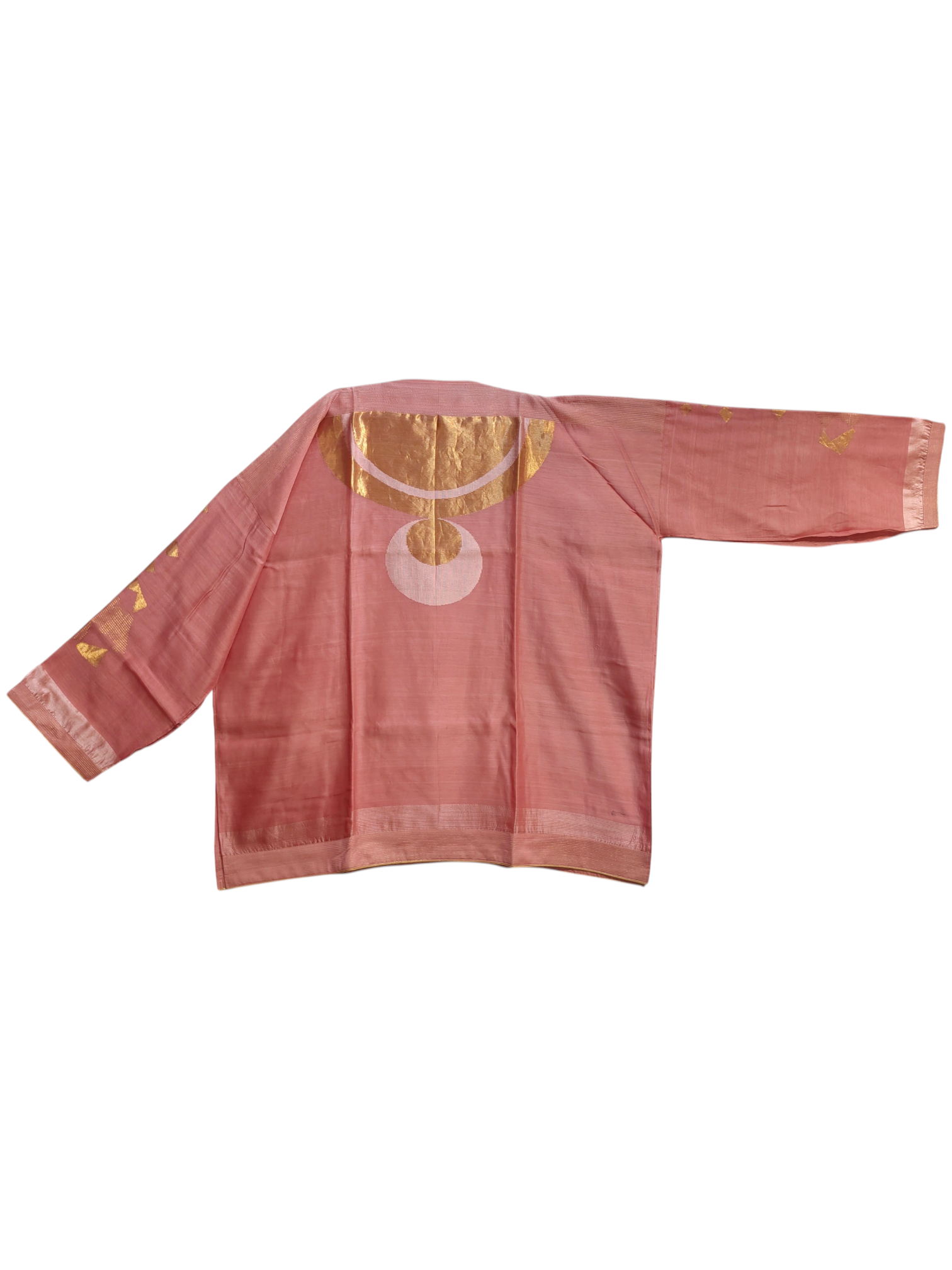 Pink traditional garment with gold and white patterns on a white background