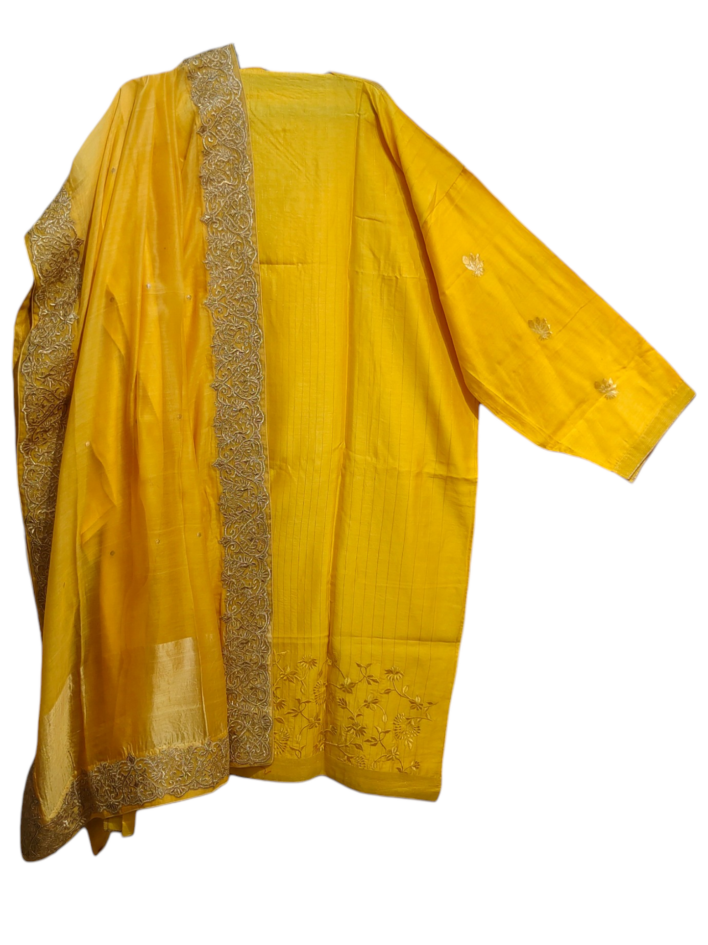 Yellow traditional suit with gold embroidery on a white background