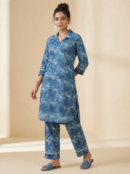 Stitched Cotton Indigo blockprinted coordset