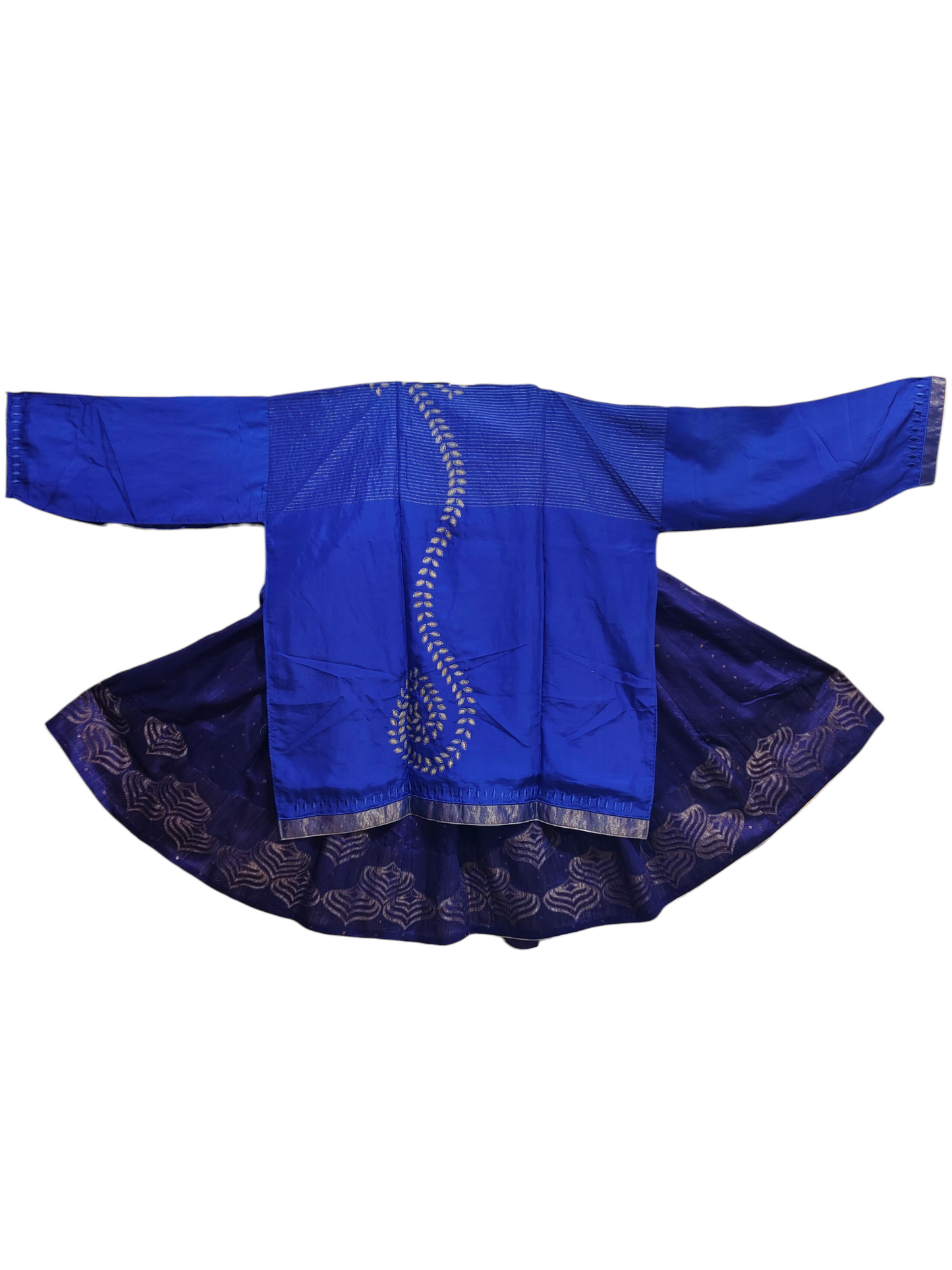 Blue traditional skirt set with intricate patterns on a white background