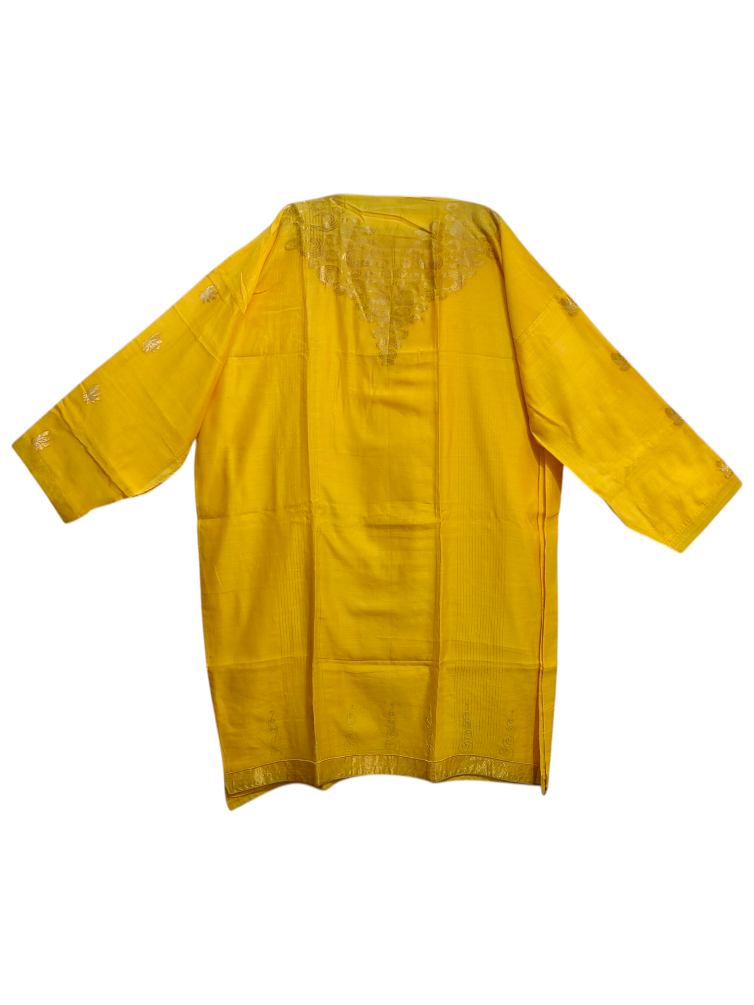 Yellow kurta with intricate detailing on a white background