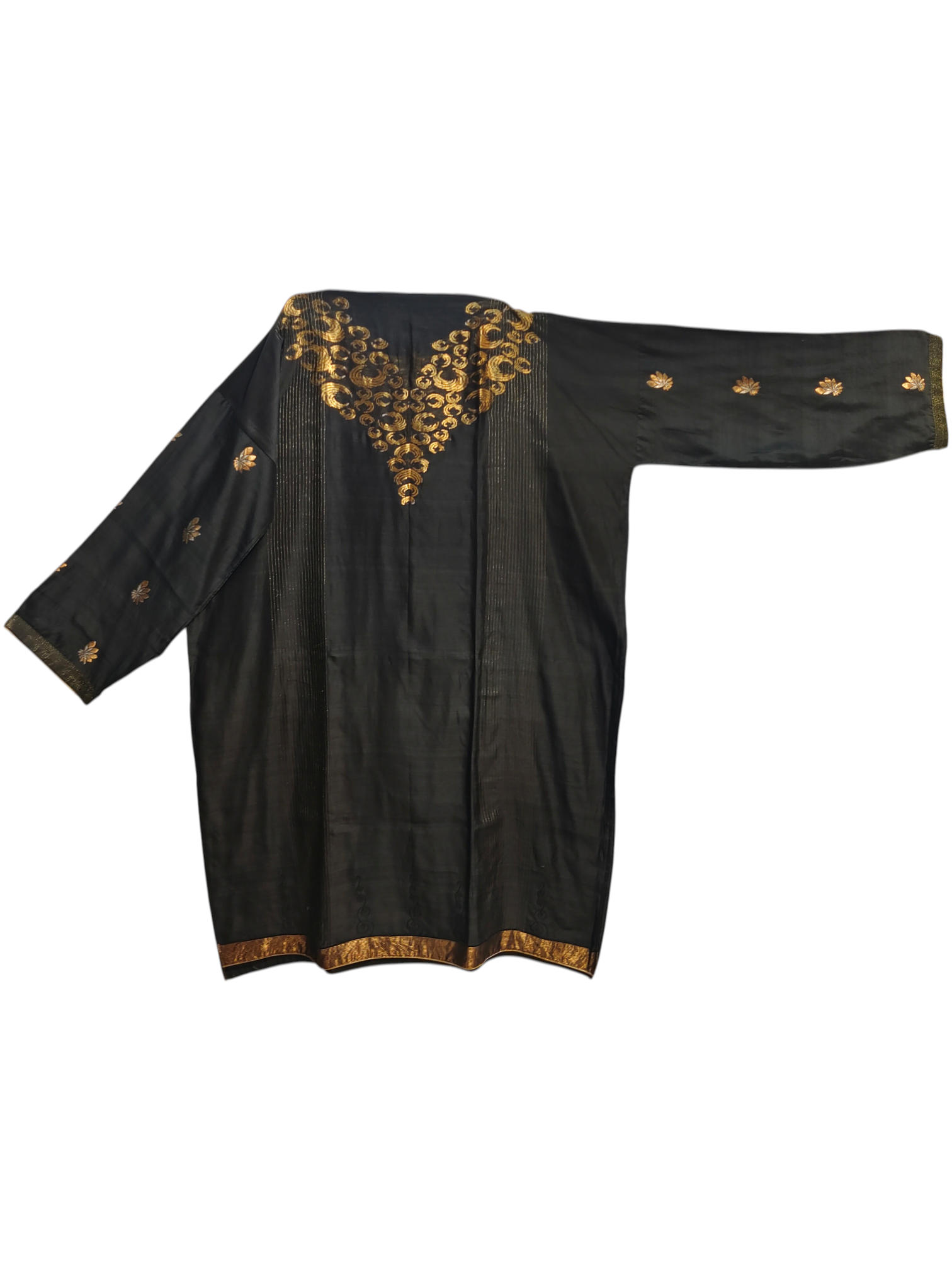 Black kurta with gold embroidery on a white background