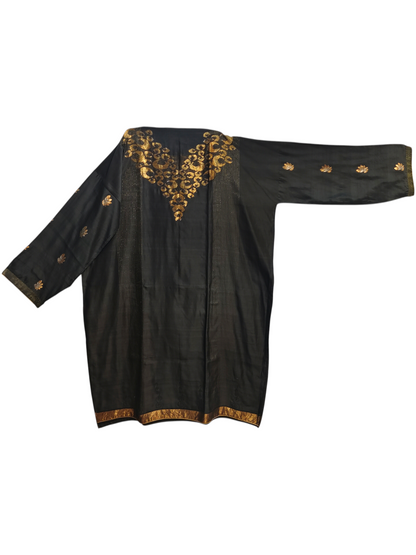 Black kurta with gold embroidery on a white background