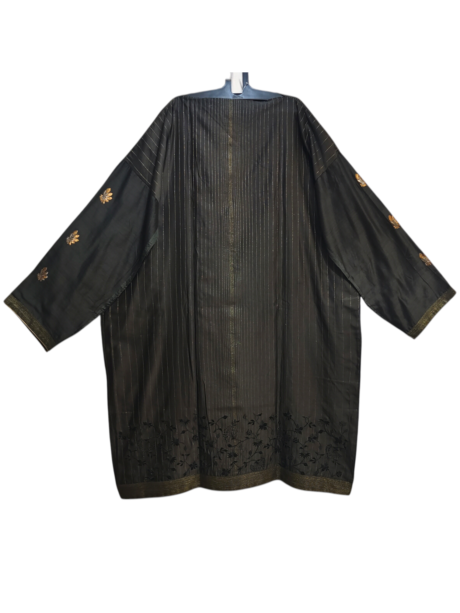 Black traditional kurta with gold embroidery on a white background