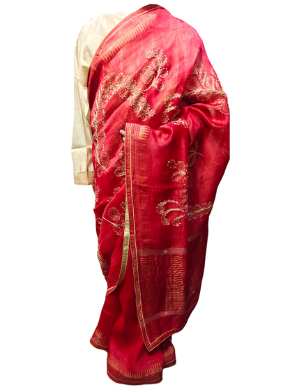 Formal silk linen embroidered Saree