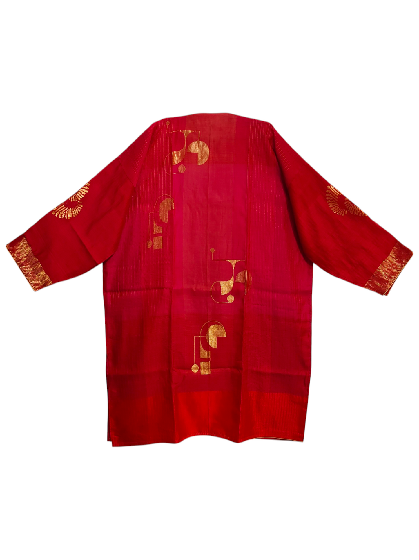Red kurta with gold patterns on a white background