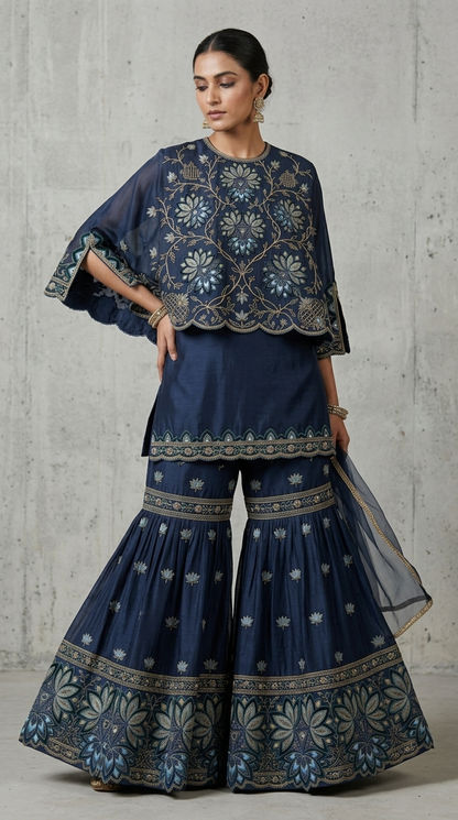 Midnight Blue Embroidered Georgette | Couture Sharara Set