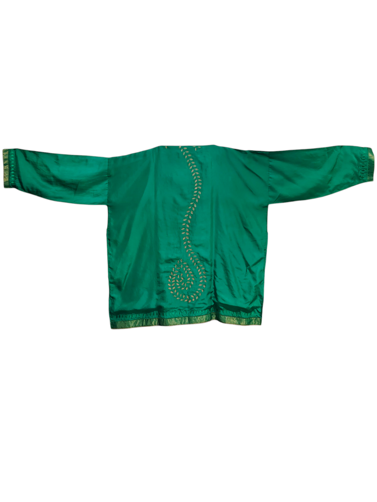 Green traditional tunic with intricate patterns on a white background