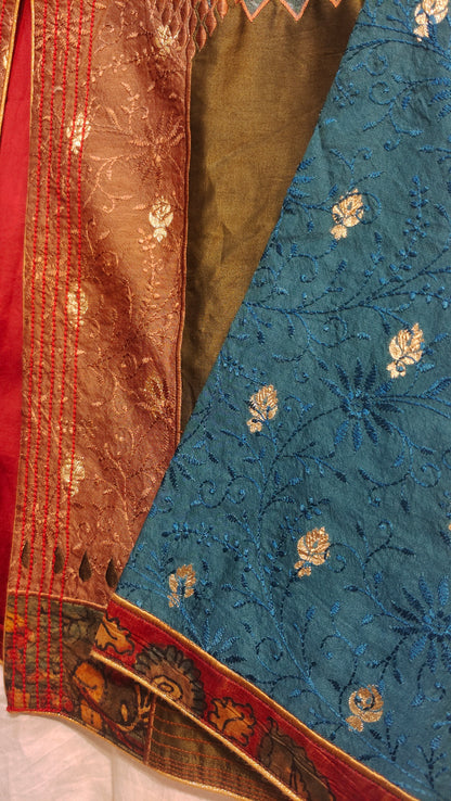 Close-up of intricately designed fabric with floral patterns on a blue background.