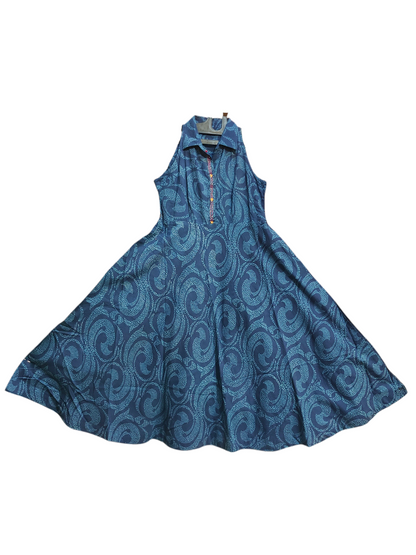 Stitched Cotton Indigo blockprinted sleeveless Frock