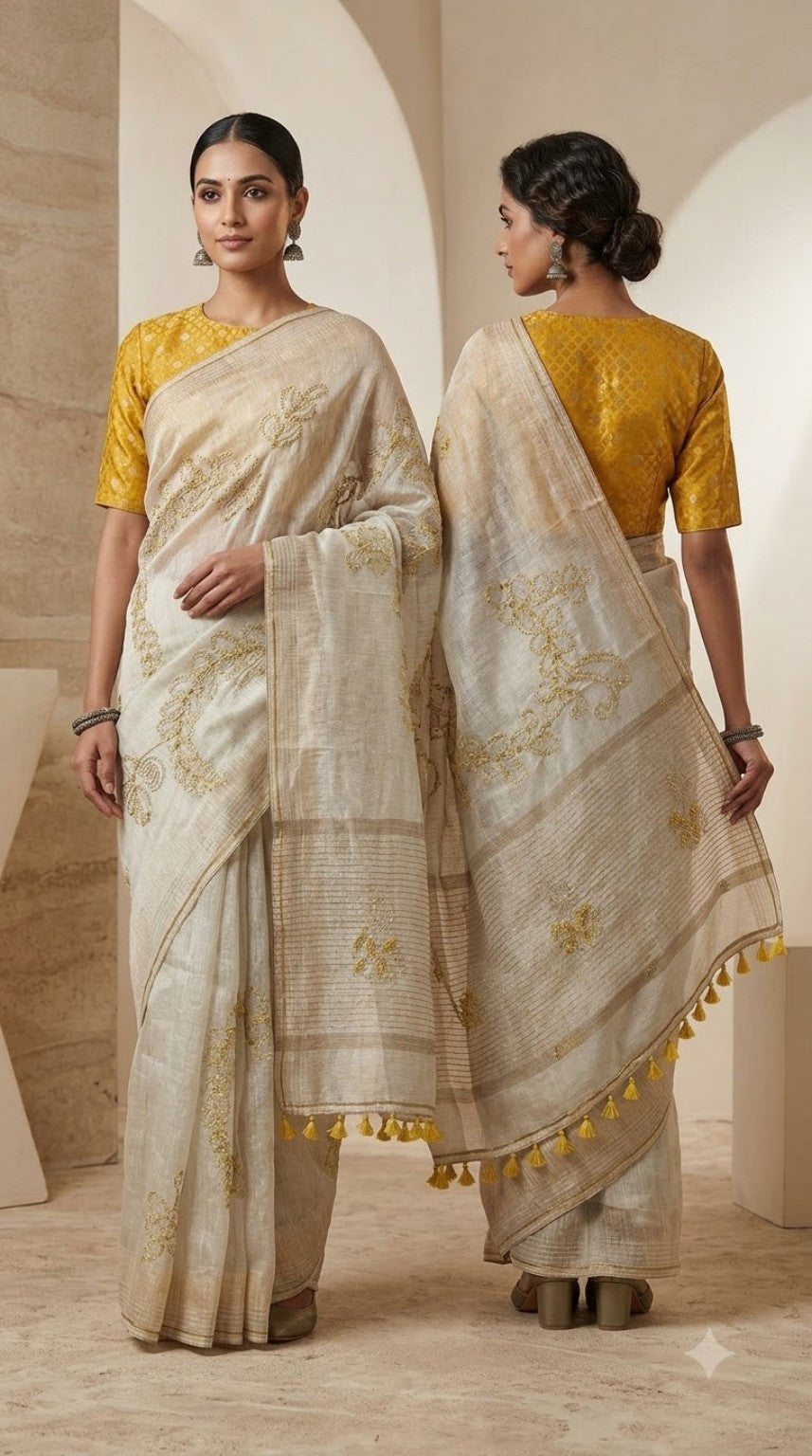 Formal silk linen embroidered Saree