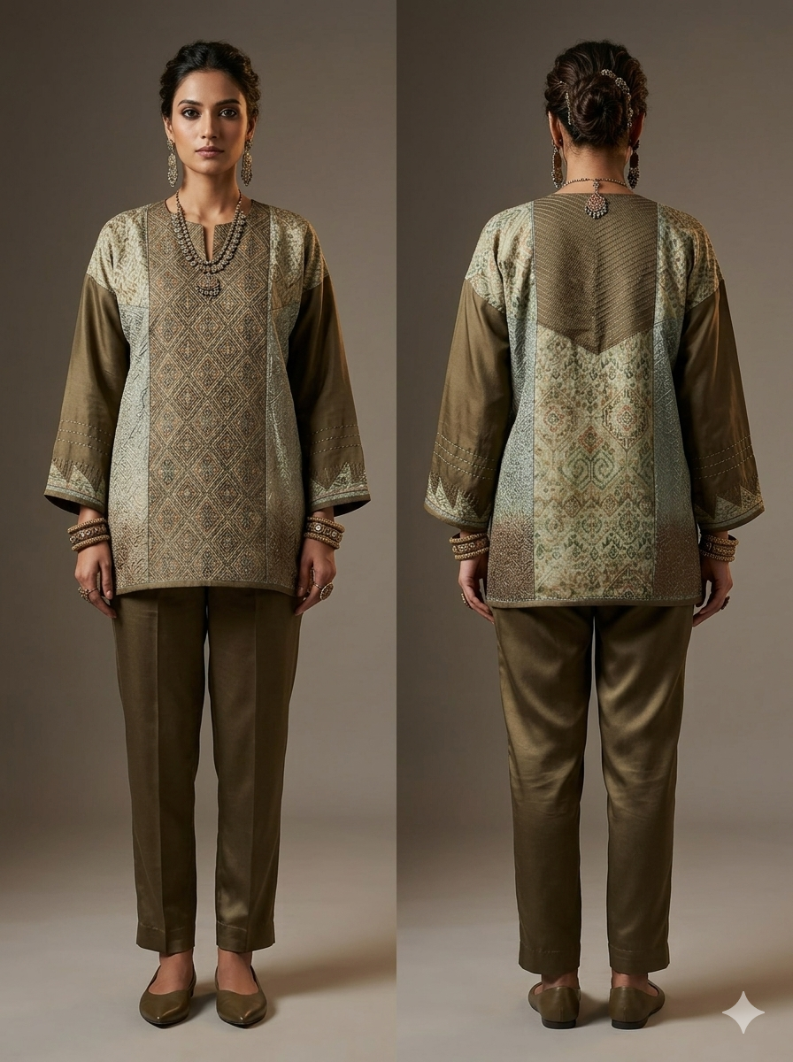 Semi Stitched Chanderi Ajrakh Short Tunic