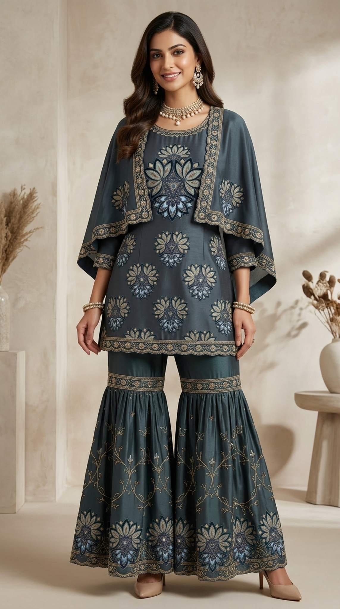 Midnight Blue Embroidered Georgette | Couture Sharara Set