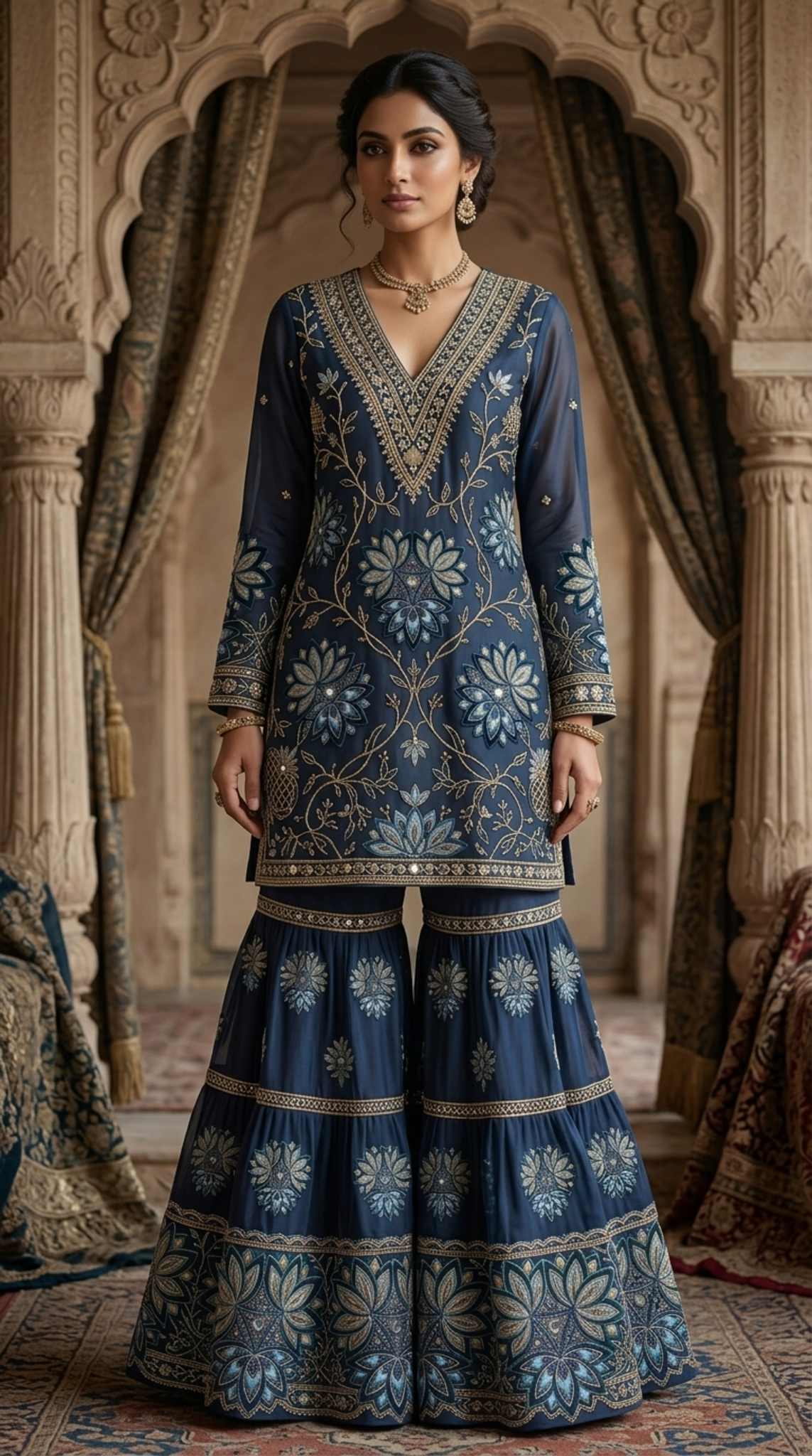 Midnight Blue Embroidered Georgette | Couture Sharara Set