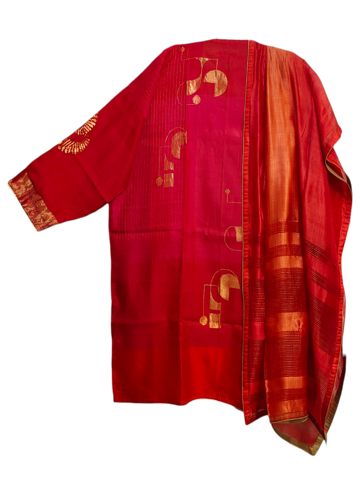 Red kurta with gold patterns on a white background