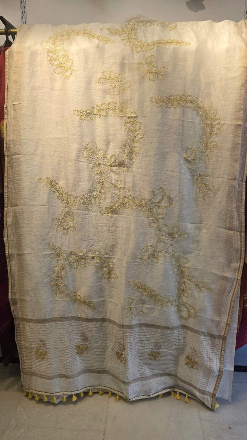 Formal silk linen embroidered Saree