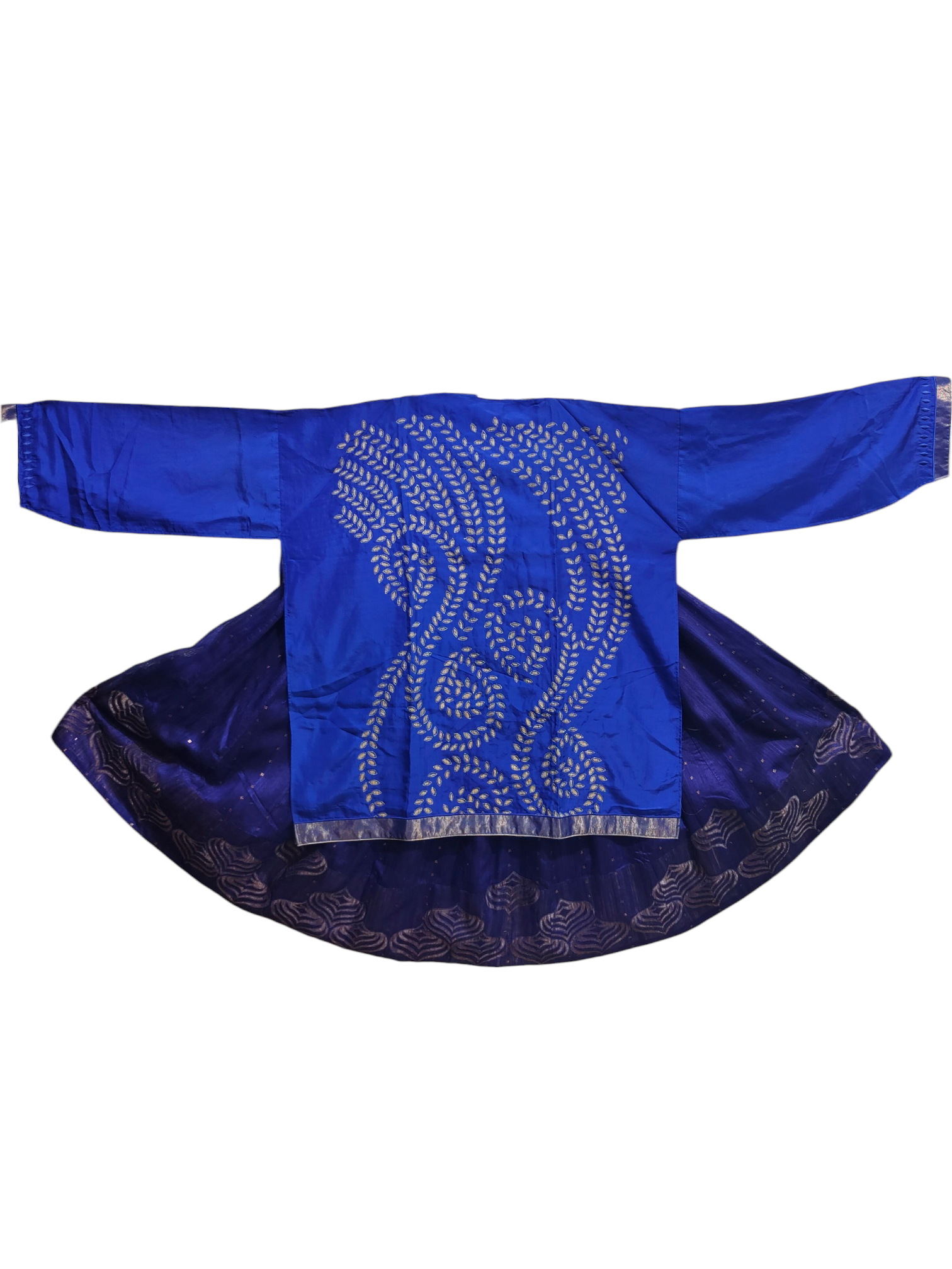 Blue skirt set with intricate silver embroidery on a white background