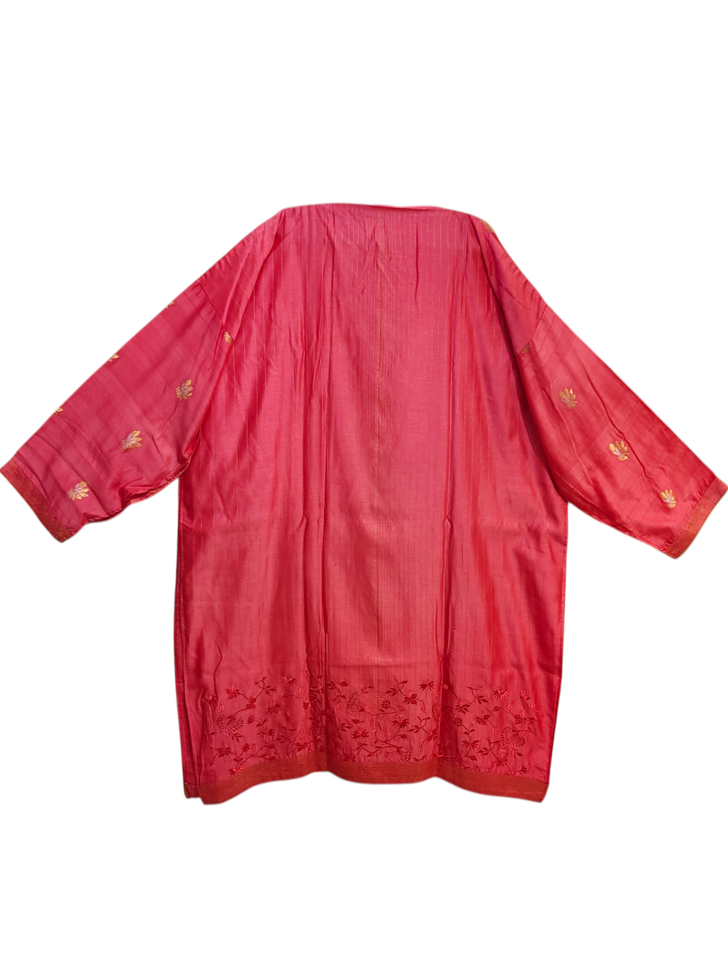 Pink kurta with gold embroidery on a white background