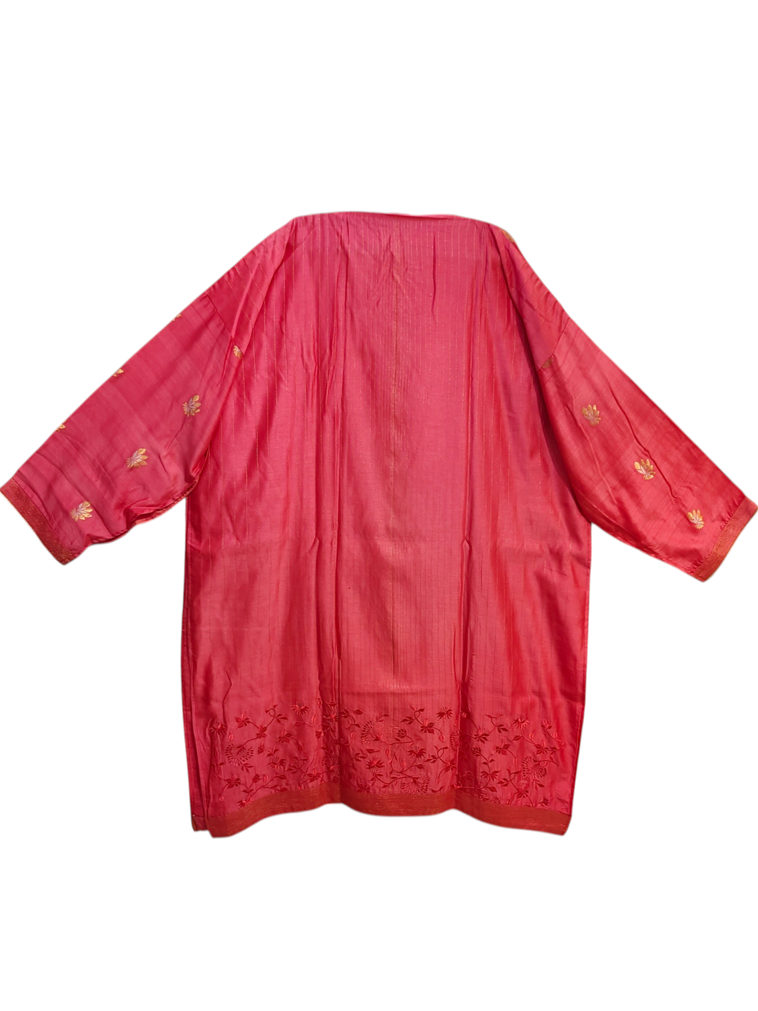 Pink kurta with gold embroidery on a white background