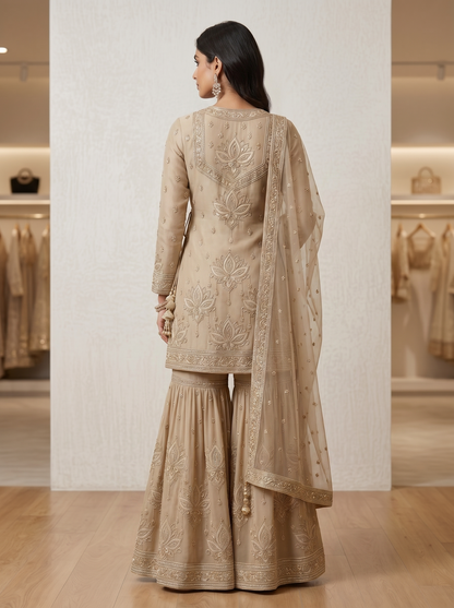 Lotus Embroidered Angrakha| Couture Sharara Set