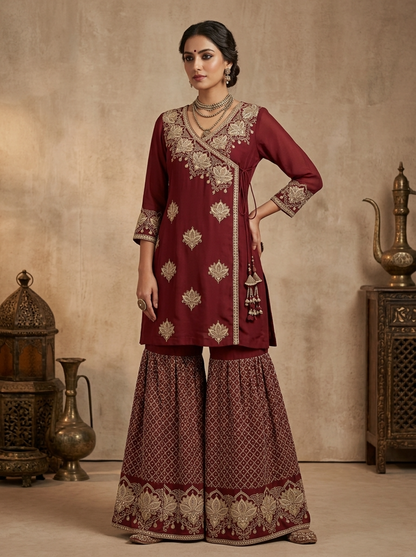 Heritage Maroon Angrakha  | Couture Sharara Set