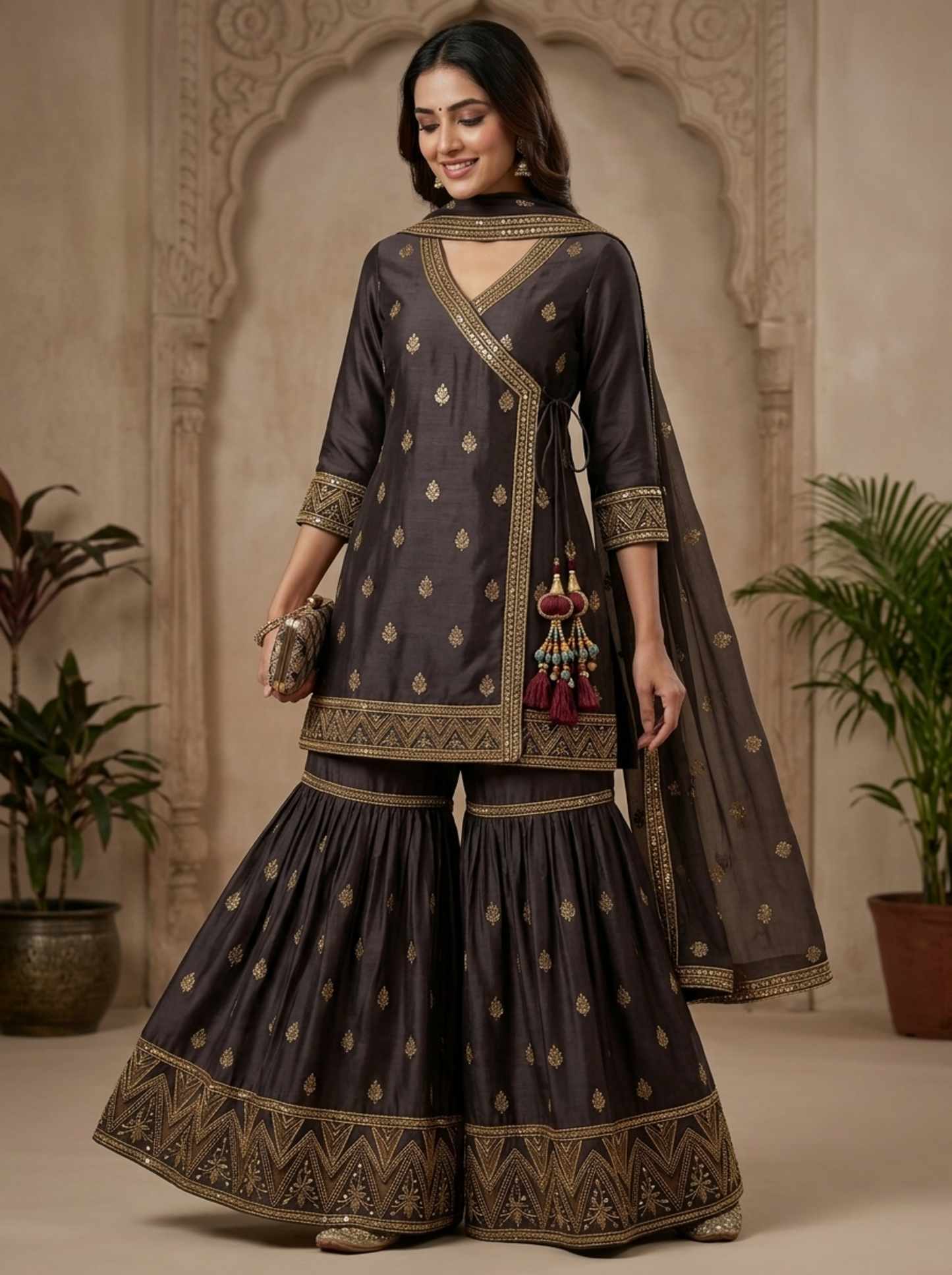 Embroidered Georgette Angrakha Style | Couture Sharara Set