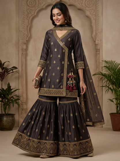 Embroidered Georgette Angrakha Style | Couture Sharara Set