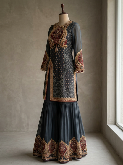 Charcoal Embroidered Georgette | Couture Sharara Set