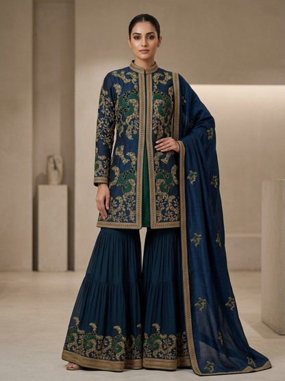 Midnight Teal Embroidered Georgette | Couture Sharara Set