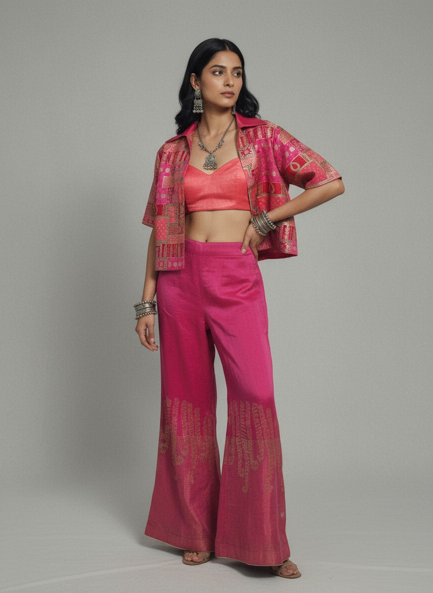 Semi Stitched Chanderi dress with cropped blazer