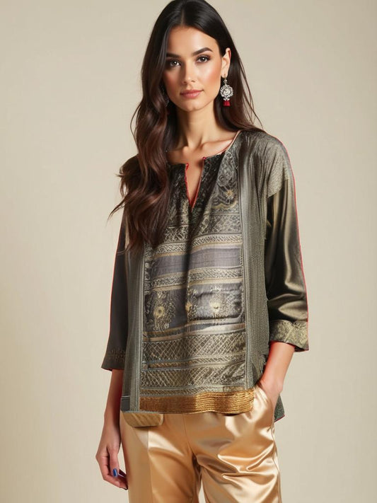 Semistitched Chanderi Ajrakh Short Tunic