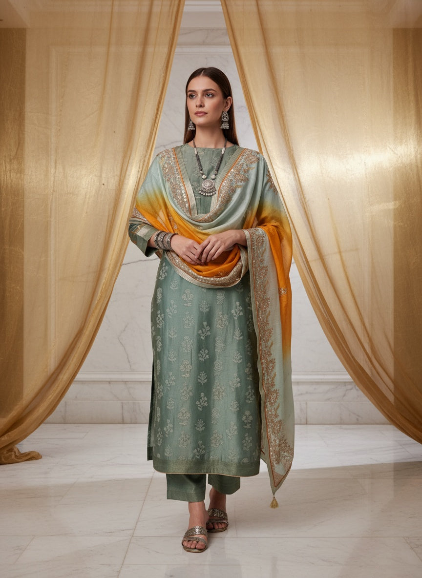 Semi Stitched Formal chanderi Suitset